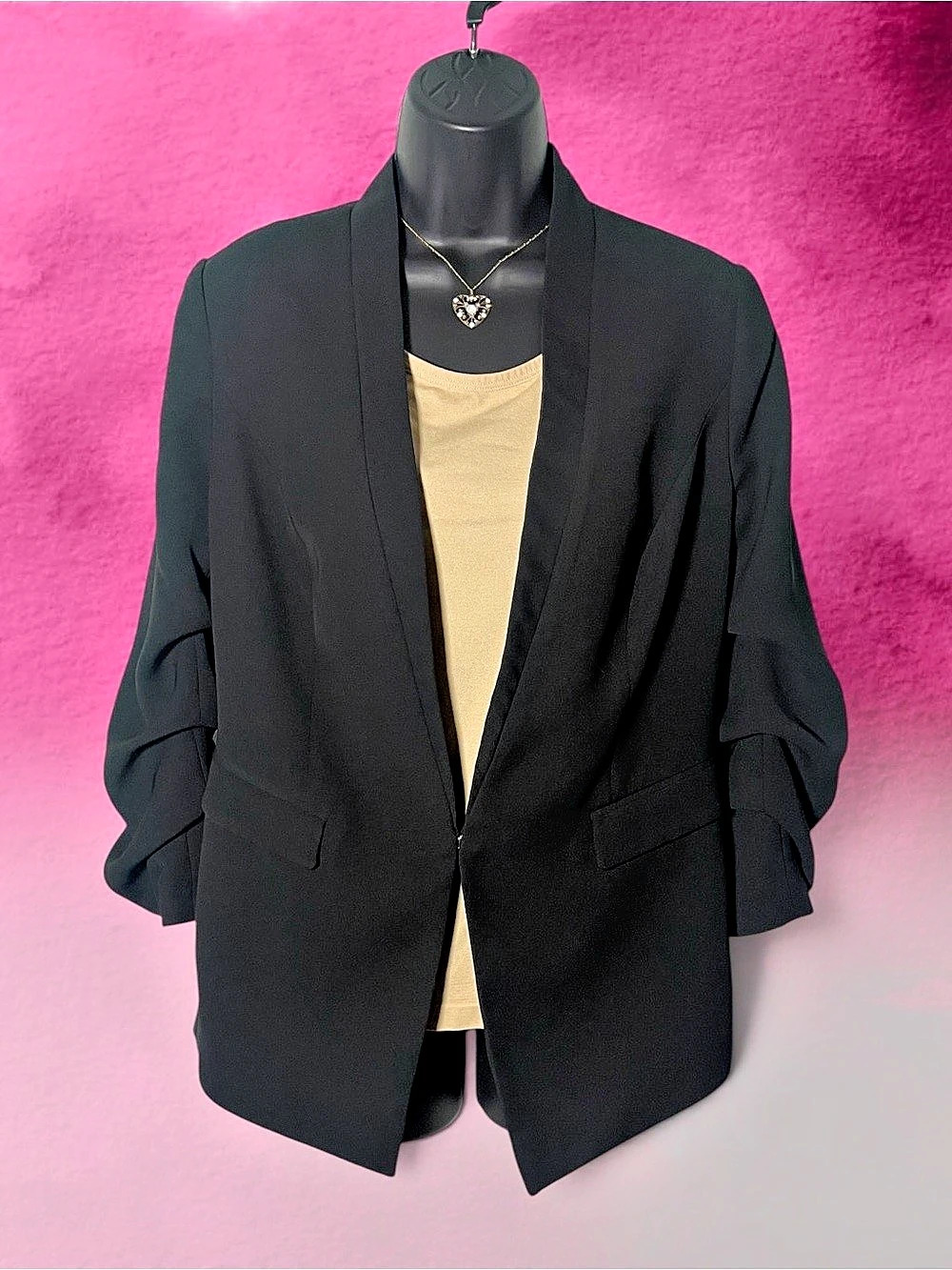 Chico's Black Open Front Ruched Sleeve Blazer Jacket - Size 0 (US Small / 4-6)